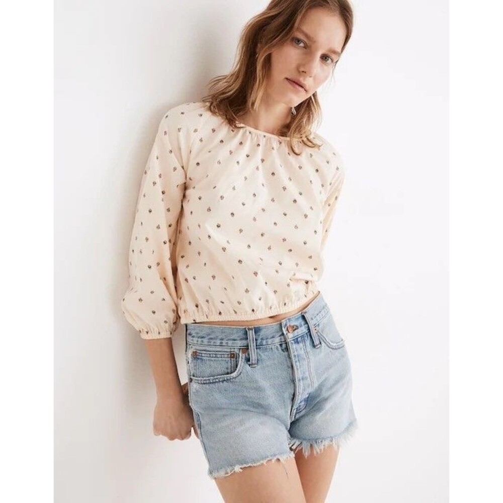MADEWELL Gathered Puff-Sleeve Crop Top S Sunrise Floral Bone Peach NWT B94